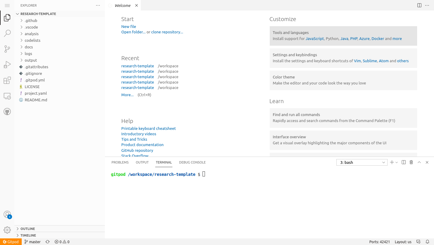 Gitpod's workspace showing the editor, terminal and
Explorer.